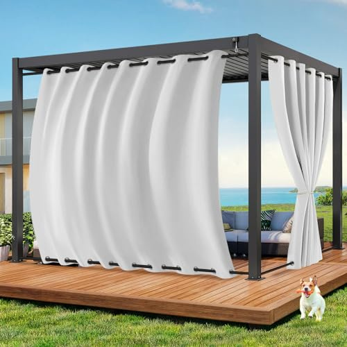Qelus Outdoor Vorhang Wetterfest B254xH243CM, Wasserdicht Outdoorvorhänge mit Ösen, Aussen Gardinen Winddicht Sonnenschutz Sichtschutz für Garten Terrasse Balkon Pergola Pavillon (Grauweiß)