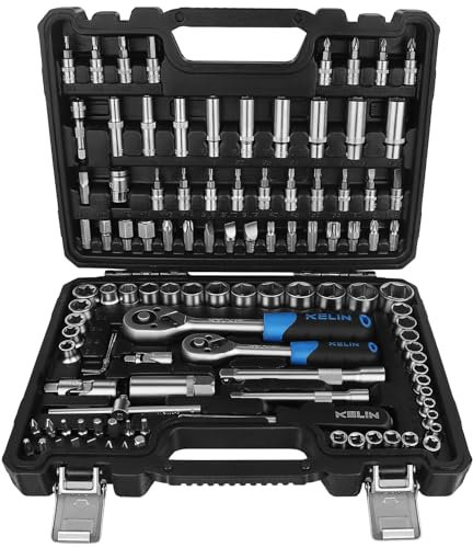 KELIN Steckschlüsselsatz 108-teilig, Ratschenschlüssel Knarrenkasten Set mit Umschaltknarre 1/4 und 3/8, inkl. Gängigen Torx - Bitsatz, Verlängerungen, Steckschlüssel Set und Nüsse für Heim (108)