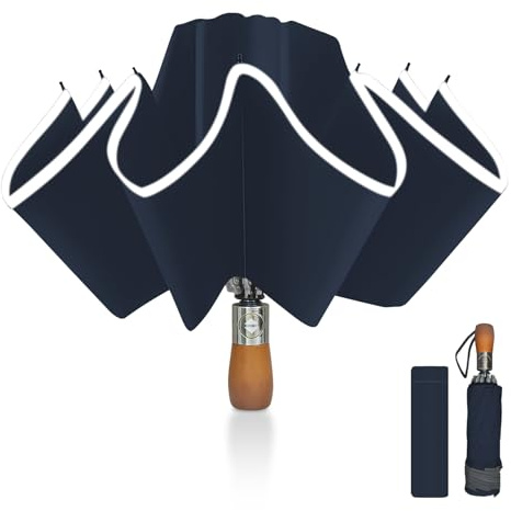 Pioggistar Parapluie inversé, Parapluie Pliant Automatique 10 Baleines pour Homme et Femme, Manche en Bois, Anti Vent, Anti Tempete, Diamètre 105 cm, Bleu foncé