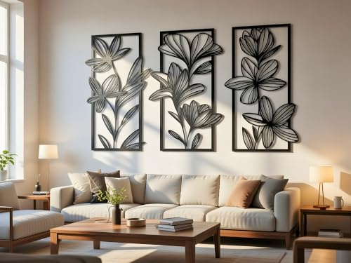 VAILLA Blumen Holzdeko Wand 3D – Wandbild Wanddeko Wohnzimmer Schlafzimmer | MDF Sperrholz, Lasergeschnitten, Botanik Blüten, 5 Größen, Schwarz Grau Gold, personalisierbar, Esszimmer Küche Eingang Flur