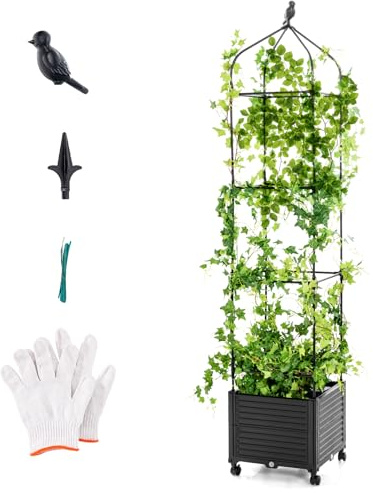 HOMASIS Rankhilfe mit Blumenkasten, Rankgitter auf Rollen, Gartenpalier aus Metall, Garten Obelisk mit Wasserspeicher, Pflanzenturm Pflanzenstütze für Kletterpflanzen Blumen Tomaten (Käfigstil-210cm)
