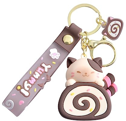 Cute Cat Egg Roll Key Chain Kawaii Kitty Cake Doll School Bag Accessories Keyring Cartoon Pendant Keyfob for Couple Jewelry Gift