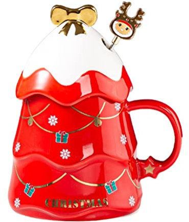 Nurnesy 500 Ml Weihnachtsbecher-Set mit Deckel und Löffel, Keramikbecher für Glühwein, Kaffee, Kakao, Weihnachtskeramikbecher (Rot)