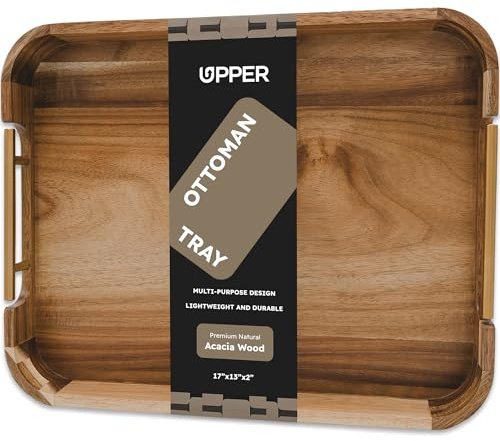 Upper Acacia Wood Ottoman Tray 17x13 Inches with Handles, Decorative Serving Tray for Coffee Table, Breakfast Tray with Anti-Skid Pads