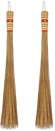2 Piece 32 inch Multi-Surface Sturdy Outdoor Authentic Coconut Leaf Broom Asian Heavy Duty Broom Thai Natural Coconut Leaf Broom (Country Rustic)
