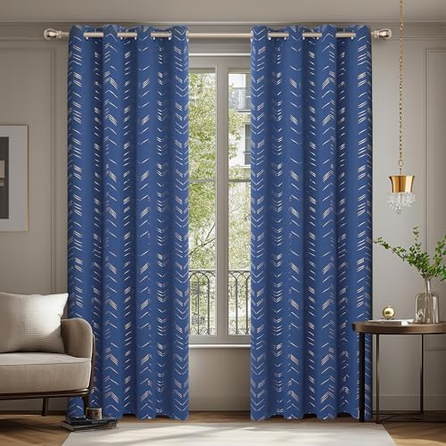 Deconovo Verdunkelungsvorhänge mit Ösen Blickdichte Gardinen Wohnzimmer Dicke Thermovorhang Kälteschutz Linienmuster Vorhänge, 180x140 cm(HöhexBreite), Königsblau, 2er Set
