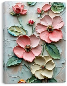 Piy Painting Blume Leinwanddruck, Rosa Und Weiße Blume Ölgemälde Drucken, Wandbilder, Leinwand Wandbilder Für Schlafzimmer Wohnzimmer Badezimmer Eingangsbereich, Leicht Zu Hängen, 30X40 CM