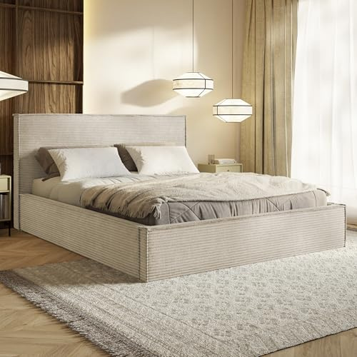MOTIVENA Boho Bett 160x200 Beige Cord, mit Stauraum, mit Kopfteil, mit Lattenrost, ohne Füße, ohne Matratze, Polsterbett 160x200 mit Bettkasten Beige (Creme)
