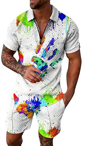 Genérico Kurzarm-Trainingsanzug für Herren, Premium-Poloshirt, zweiteilig, Strandstil, Hawaiianischer Stil, Herren, eng anliegendes Poloshirt, mit Reißverschluss, weiß, XXL