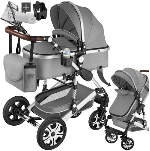 tectake® 2 in 1 Kinderwagen, klappbarer Kinderwagen Buggy mit Liegefunktion, mit Fußsack Buggy, Buggy mit Getränkehalter, herausnehmbarer Babywanne und Regenschutz - grau