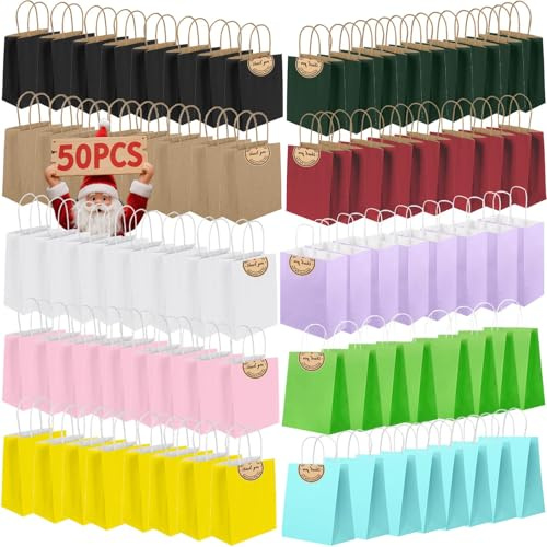50 Stück Geschenktüten mit Henkel,Kleine Papiertüten mit Aufklebern,130GMS Kraftpapier tüten, Partytüten für Einkaufen Hochzeiten Verpackungen Partys Geburtstag Weihnachten Halloween