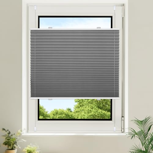 Homland Plissee ohne Bohren Verdunklung Klemmfix,Grau B60 x H100 cm, Plissee 100% Verdunkelnd & lichtundurchlässig, Plisseerollo für Fenster & Tür