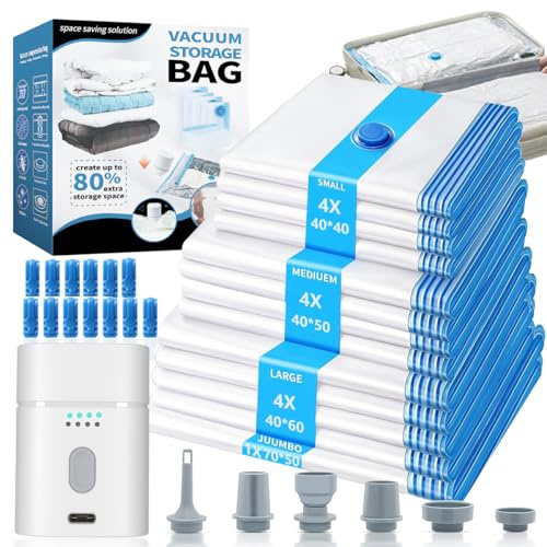 Sac Sous Vide Vetement Aspirateur et Pompe,Sac Rangement Sous Vide Aspirateur 13 Pcs,Sac Sous Vide(1 Jumbo 50x70cm,4 Grandes 40x60cm,4 Moyennes 40x50cm,4 Petites 40x40cm),pour Ranger Vêtements,Literie