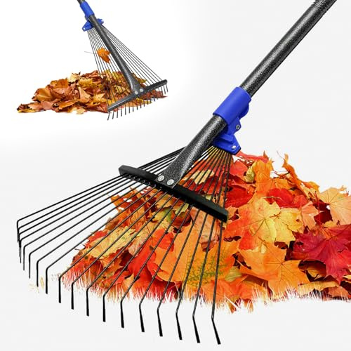 Rastrello da giardino regolabile per foglie, rastrello in metallo resistente con testa espandibile da 20,3 a 43,2 cm, manico lungo, per prato, arbusti, aiuole, campeggio, pulizia all'aperto, donne e