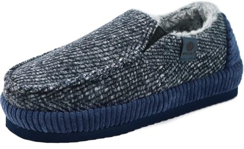 ONCAI Men’s Slippers Cotton-Blend Moccasins Warm Closed Back Corduroy House Slippers for Men with High-Density Felt Fuzzy Indoor Outdoor Comfortale Yoga Mat Rubber Soles Cotton Blue/White Size 12