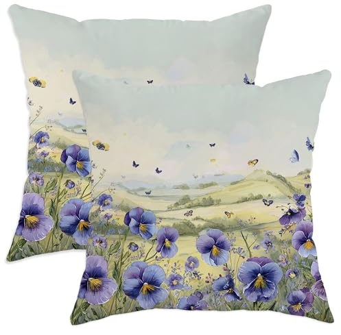 Flowering Pansy Throw Pillow Covers Set of 2, Violet Floral Garden Design Cushion Covers, Spring Outdoor Decorative Farmhouse Decor for Sofa Bed 20x20 Inch
