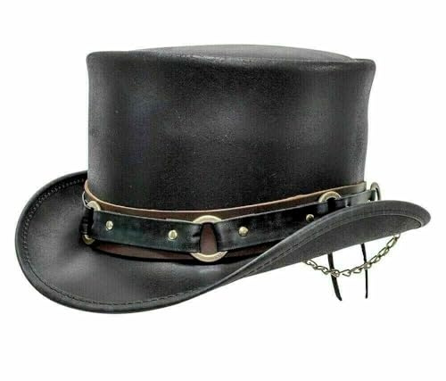 Kilts Boutique Steampunk Lederhut für Damen & Herren - Schwarz Viktorianischer Gothic Cosplay Hut mit Kette & O-Ring Band | Festival Kostüm Zubehör (UK, Alpha, L, Schwarz)
