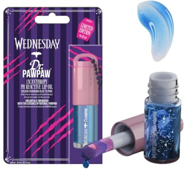 Dr.PAWPAW x Wednesday Lycanthropy pH-Reactive Lip Oil 3ml | Colour-Changing Pawpaw Lip Oil with Key Chain, Creates Personalised Pink Shine, Hydrating Vegan Gift Set