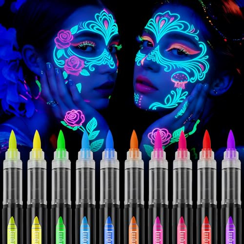 UV kroppsmålning, 10 färger neon UV sminkset, ansiktsmålning sminkset, tvättbar kroppsfärg UV färgpennor för halloween karneval smink karneval