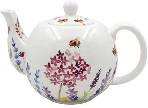 Lavender & Bees Fine China 4 Cup Teapot with Bumblebee and Wildflower Design, White, Gift Boxed