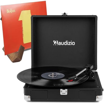 Audizio Briefcase Record Player with Built-In Speakers & Wooden Vinyl Sleeve Stand, Portable Turntable Bundle, 3 Speed Retro Suitcase Style, USB Power, for Home Audio Vinyl Lovers