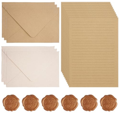 Fyrdm 22 Stück Umschläge Antik Briefpapier mit Umschlag Set | 6 Wachssiegel, 10 A5 Briefpapier Vintage Papier, 6 Leinenumschlag Umschläge, für Geburtstag, Hochzeits Einladung Grußkarten