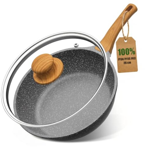 YASHE Padella sauté antiaderente 26 cm, atossica, senza PTFE e PFAS | Padella profonda da 4,3 L con coperchio in vetro; induzione e tutti i piani cottura