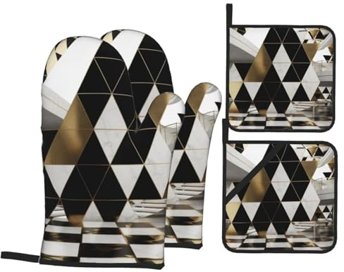 Set di 4 guanti da forno e presine resistenti al calore, con triangoli stampati, alla moda, moderni, neri, bianchi, dorati, per cucinare e cuocere a casa
