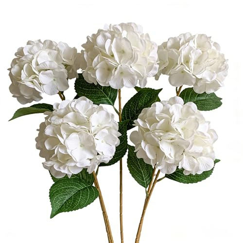 Zhixan Lot de 5 fleurs d'hortensia artificielles blanches 45 cm - Hortensia artificiel réaliste avec touche réelle - Fleurs réalistes en soie pour décoration de mariage, décoration de table, salon