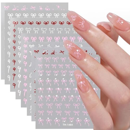 JSRQT Nagelsticker Fliege 8 Blatt Nail Art Sticker Nagelsticker Selbstklebend für Frauen Mädchen Schleife Nageldesign Zubehör 3D Sticker DIY Süßes Nagel Nail Charms Dekoration