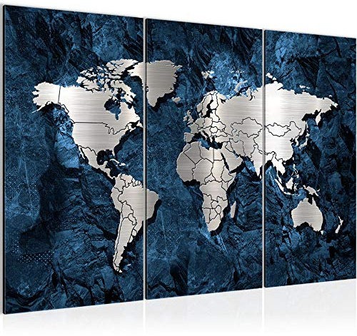 Runa Art Världskarta Väggmålningar vardagsrum XXL Blå Abstrakt Silver 120 x 80 cm 3 Delar Väggdekoration 107331b