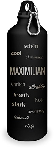 printplanet Trinkflasche mit Namen Maximilian - graviert mit Positive Eigenschaften, Aluminiumflasche mit Gravur, Sportflasche - matt schwarz