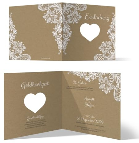Kartenmachen.de 10 x Lasergeschnittene Hochzeitseinladungen Goldhochzeit goldene Hochzeit Einladung individuell - Rustikal Kraftpapier