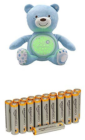 Chicco First Dreams Baby Bear Blue Musical Night Light Plush Teddy Toy with Amazon Basics Batteries