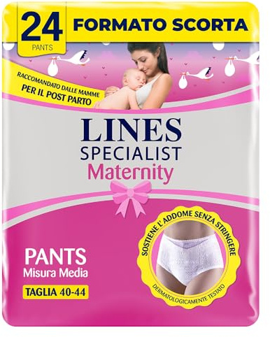 Lines Specialist Maternity, Mutandine Assorbenti Lines Maternity Post Parto, con Supporto Dell'Addome e Assorbenza Rapida per Perdite Post Parto, Taglia M, Confezione da 24 Unità