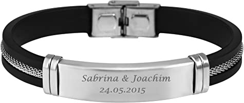 Hanessa Personalisiertes Armband mit Gravur für Männer und Frauen Edelstahl Silikon schwarz silber Länge 21 cm | Personalisierte Armbänder mit Namen Herren Damen