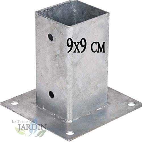 SUINGA Quadratischer Metallanker 9 x 9 cm, Basis 15 x 15 cm. Ideal für Holzpfosten.