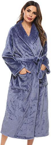 Vlazom Dammorgonrock, flanell mjuk rock varma fluffiga badrockar med huva eller sjalkrage lång rock för kalla dagar, Mörkblått, L