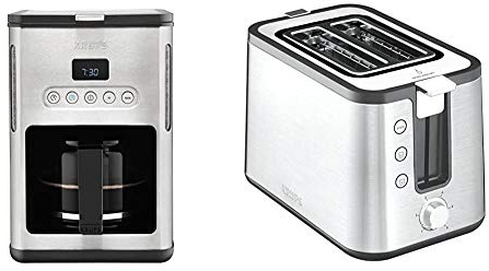 Krups KM442D Premium Filter-Kaffeemaschine, 10-15 Tassen, 1,000 W, programmierbar, edelstahl/schwarz & KH442D Control Line Premium Toaster, 2-Schlitz Toaster, Brötchenaufsatz silber/schwarz