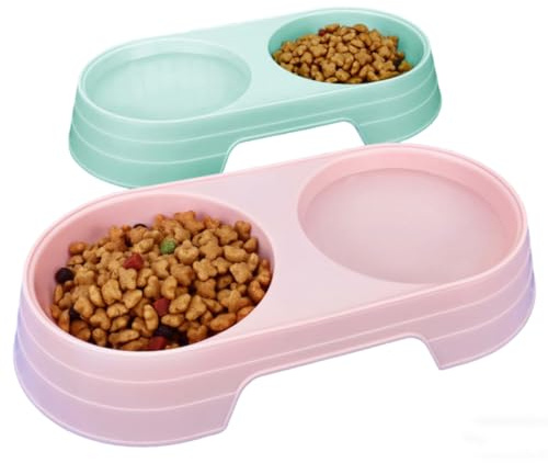 2Pcs Double Cat Bowls Plastic Puppy Cat Food and Water Bowls Set Multi-purpose Cat Dog Food Bowls Kittens Feeder Bowl Dog Water Drinking Feeder for Pet Small Animal (Pink+Light Blue)