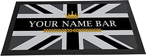 Personalised Bar Runner mat - Grey Union Jack crown, any name, beer runner mat - home bar accessories novelty gift