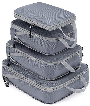 Meowoo 4-teiliges Kompressions-Packwürfel Set - Compression Packing Cubes - Wasserdichter Kofferorganizer mit Reißverschluss (XL, L, 2×M) - Platzsparend für Handgepäck & Koffer (Grau)