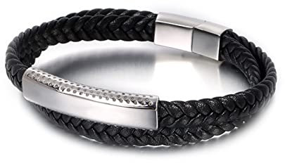 Whoiy Leather Bracelet for Men, Elegante Armbänder Herren Leder Geometrisches 2-Schichten-Gewebe Korbgeflecht für Männer 21.5cmx8mm