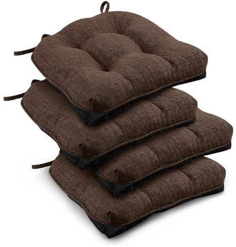 downluxe Indoor Chair Cushions for Dining Chairs, Tufted Overstuffed Textured Foam Kitchen Chair Pads with Ties and Non-Slip Backing, 15.5 x 15.5 x 4, Brown, 4 Pack