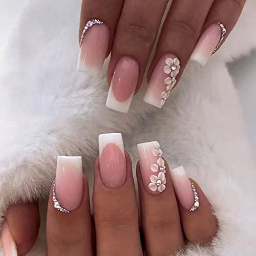 TMUT 24pcs French False Nails White Tip Square Stick on Nails Flower Press on Nail with Rhinestones Removable Glue-on Fake Nail Art Accessories for Women