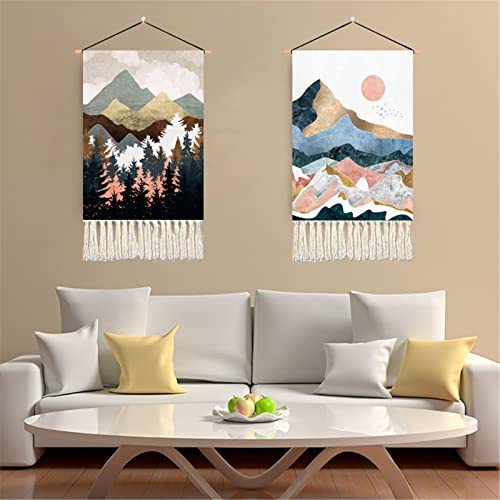 CULASIGN 2 Stück Makramee Wandbehang Gewebt Tapisserie, Berge Wälder Sonne Mond Vögel und Hirsche Landschaft, Boho Deko Wanddekon Wandteppich Chic Wanddeko Schlafzimmer Home Decor (Landschaft A)
