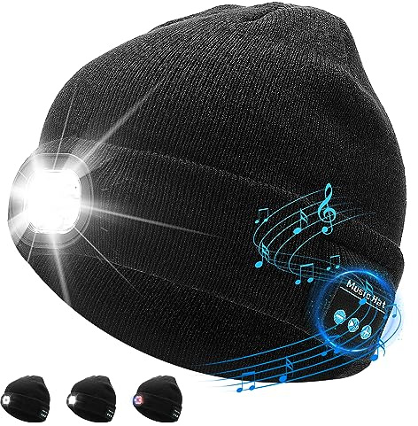 Acemall Idee Cadeau Homme Original Utile,Unisexe Bonnet Bluetooth avec LED Lampe pour Hommes et Femmes,Cadeau D'hiver de Noël Idée Cadeau Homme Femme,Gadget High Tech pour Cadeau Anniversaire Homme