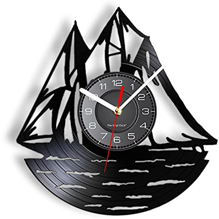 Pendule Murale Silencieuse 30cm Océan voilier Marin Disque Vinyle Horloge Navigation voilier Mur Art Nautique décor à la Maison Silencieux Quartz Marin Marin Cadeau