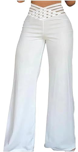 Pantalon Palazzo Femme Grande Taille- Pantalon Taille Haute évasé,Pantalon Fluide Creuse Couleur Unie Coupe Slim Pantalon Décontractés à La Mode Chic Elastique élégant Charmant Pants