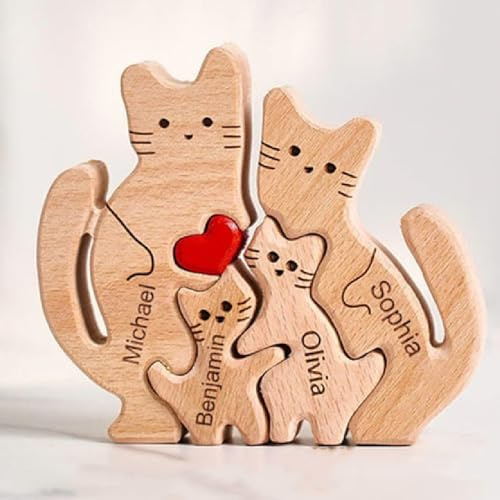 VEELU Personalisiertes Holzkunstpuzzle der Katzenfamilie mit 1-8 Namen| Holz Bär Skulpturen Desktop Ornament Home Tischdekoration, Geschenk für Familie| Bürodekoration